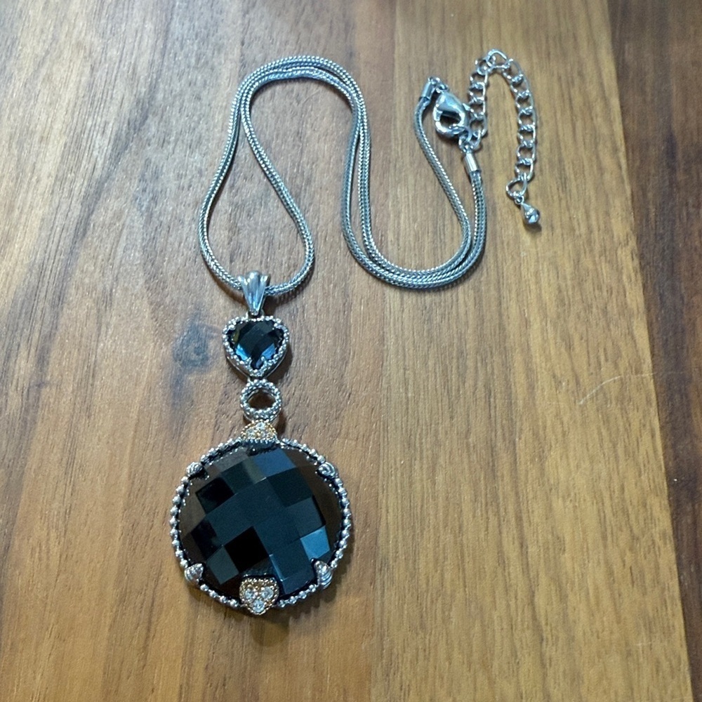 Vintage Silver Tone Long Strand Necklace with Dark Mocha Brown Heart Pendant